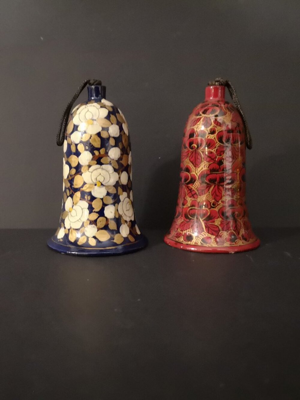 2 - Hand Painted Floral Design Papier Mache Bell Christmas Tree Ornaments 3.25"